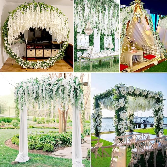 12 Pack White Wisteria Hanging Flowers Garland, 3.77 Feet Artificial Flower Vines, Fake Wisteria, Artificial Vines Hanging Garland for Backdrop Outdoor Yard Garden Decor