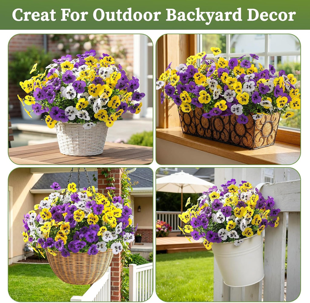 Alupssuc 24 Bundles Artificial Flowers for Outdoors Spring Decorations, Big Fake Flowers UV Resistant Realistic Pansies with Eucalyptus Silk Faux Flowers for Porch Yard, Yellow White CrimsonPurple