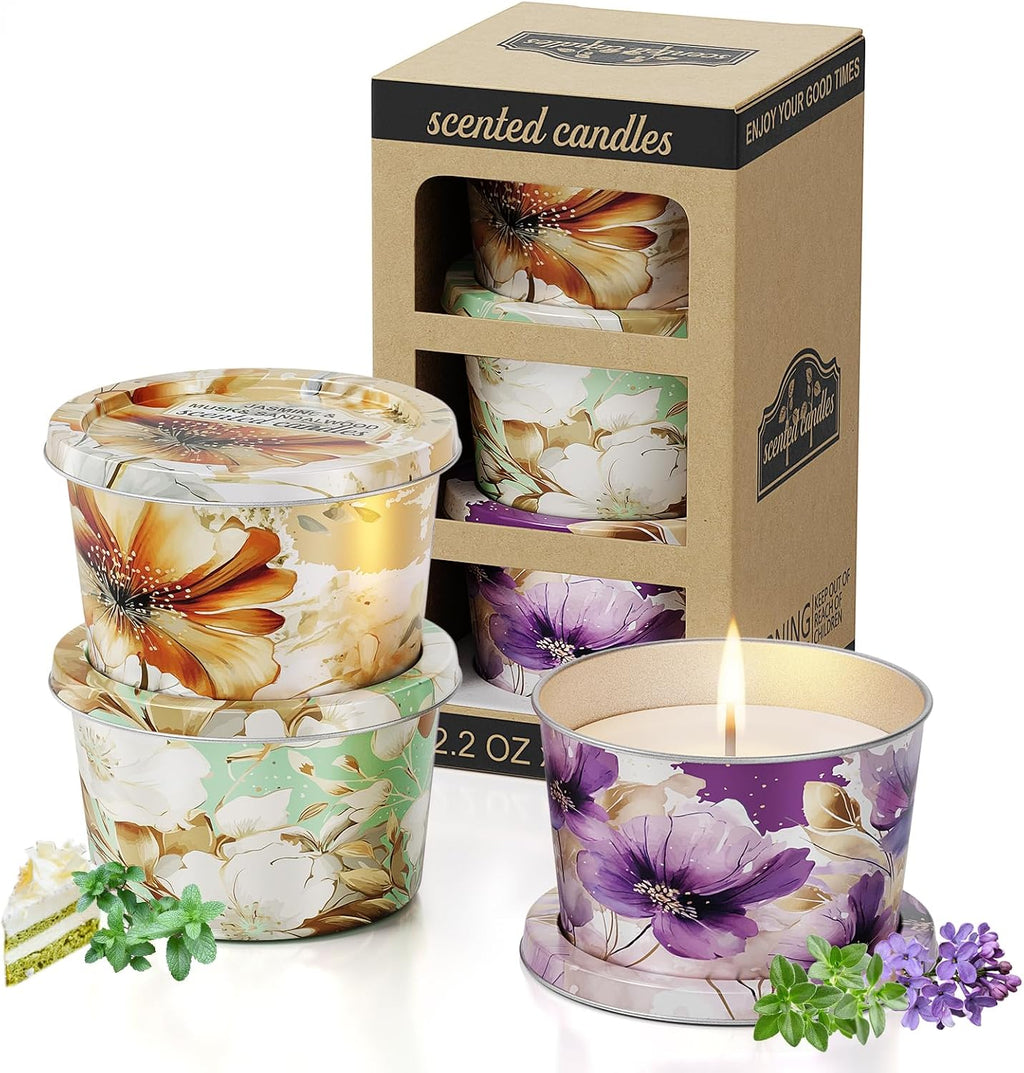 3 Pack Scented Candles-Lavender & Thyme, Vanilla Cake, Jasmine & Musk & Sandalwood, Travel Tin Candle Set, 2.2oz Each, 8-10h Burn Time, Soy Wax, Cotton Wick
