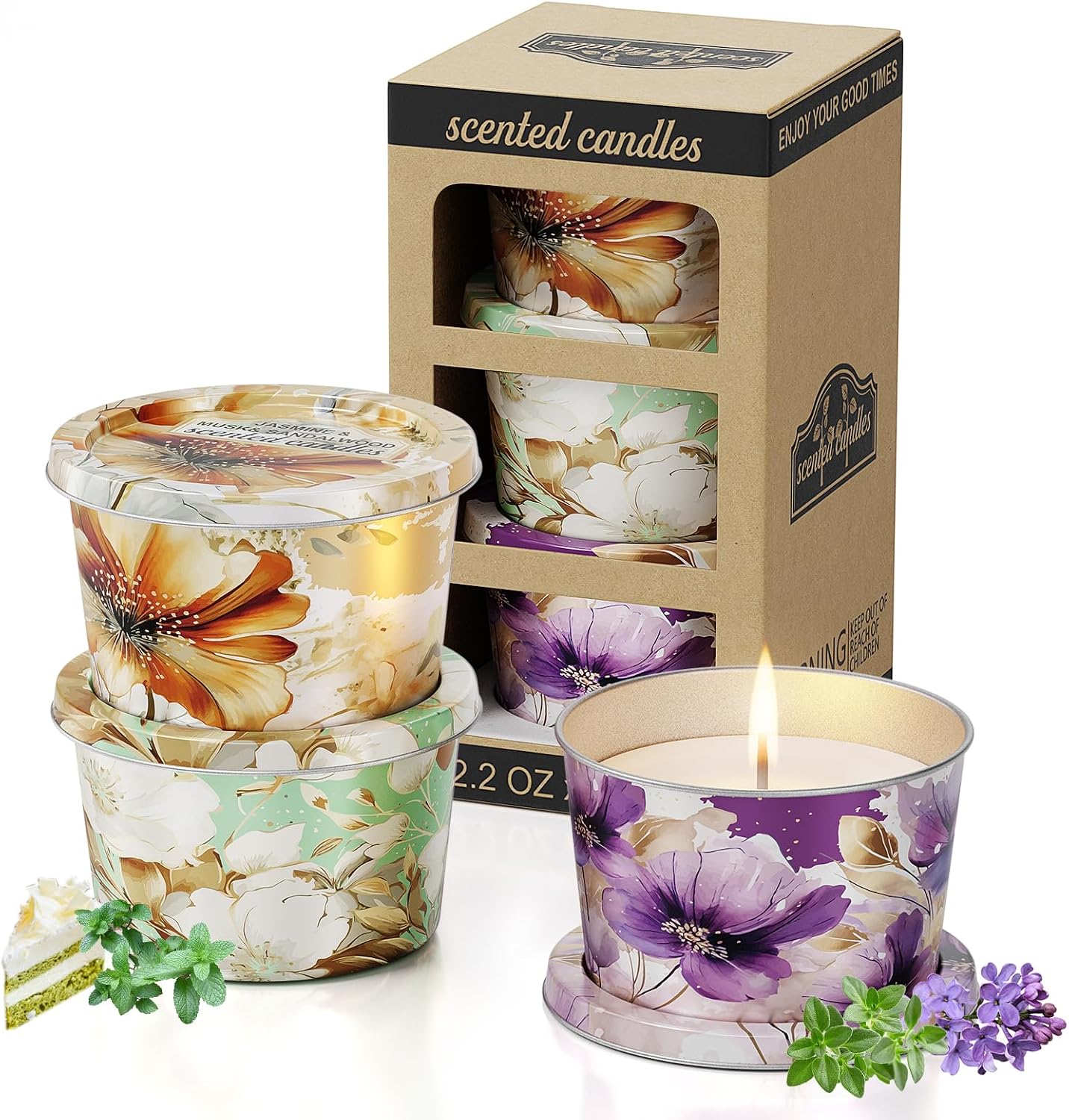 3 Pack Scented Candles-Lavender & Thyme, Vanilla Cake, Jasmine & Musk & Sandalwood, Travel Tin Candle Set, 2.2oz Each, 8-10h Burn Time, Soy Wax, Cotton Wick