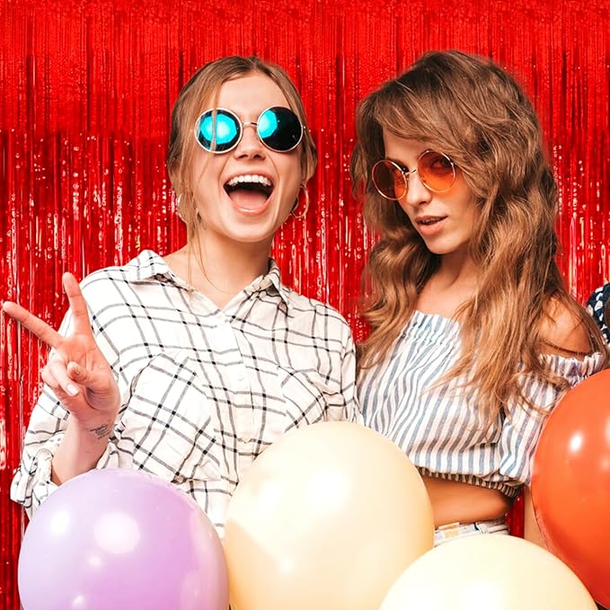 6 Pack Red Foil Fringe Curtain Backdrop, 3.28Ft x 8.2Ft Metallic Tinsel Foil Fringe Streamer Curtains for Photo Booth, Birthday, Wedding, New Year Party Decorations