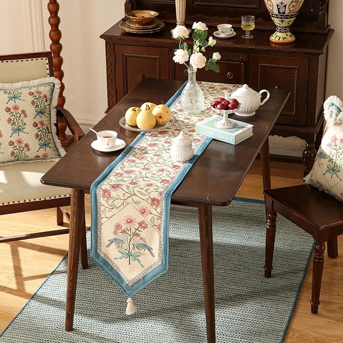 patdrea Designer French Elegant Wild Flowers Velvet Table Runner 102 Inch Long, Beige Pink Floral Table Mat, Decoration for Kitchen Dining Coffee Table Cabinet Banquet Thanksgiving,12"*102"