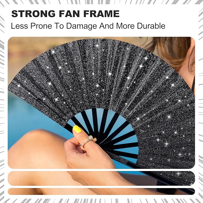 Thyle 6 Pcs Large Folding Fan for Line Dancing Bulk Boots on The Ground Hand Fan Black Popping Clapping Party Favors Decoration Gift for Edm Festival Club Summer(Classical)