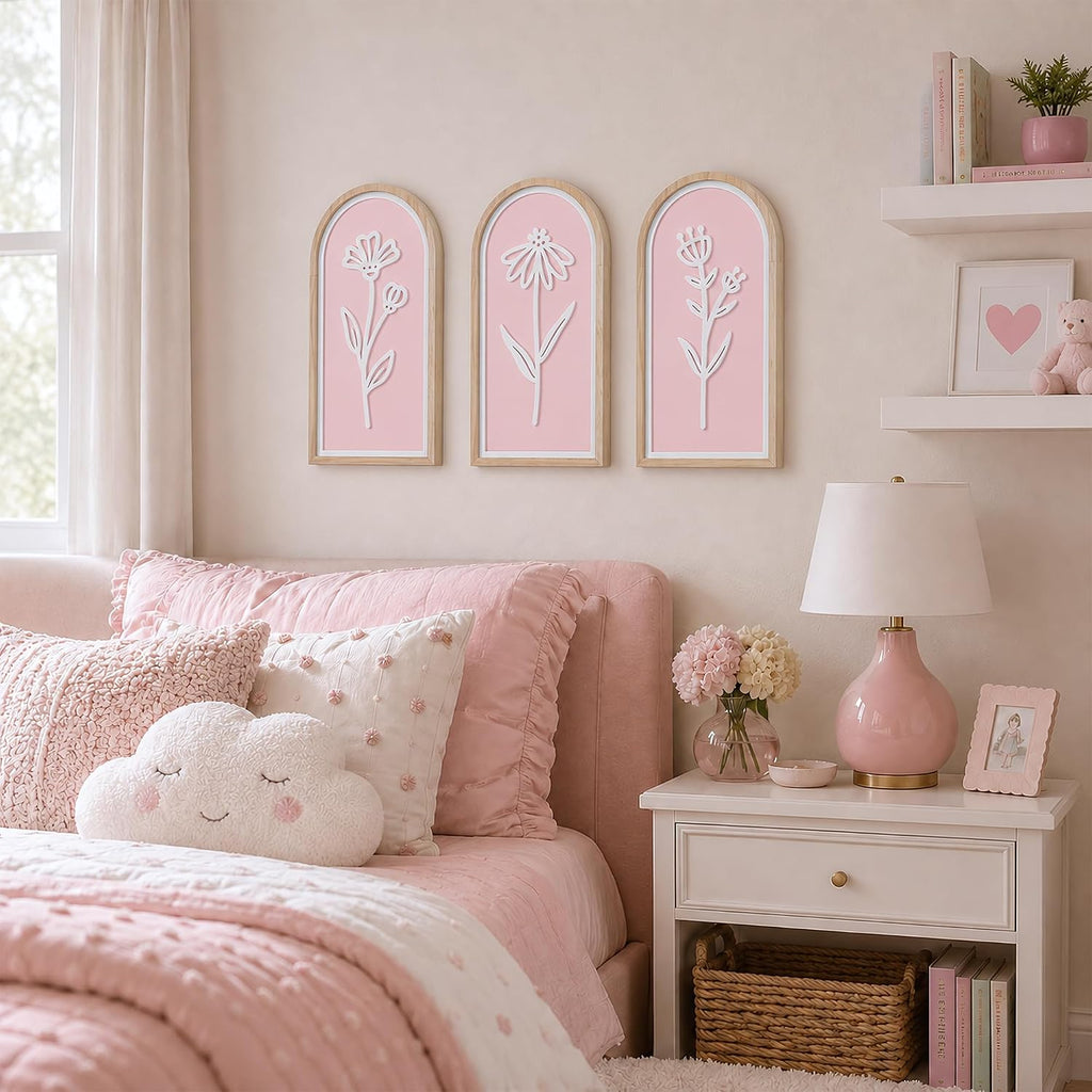 Pink 3D Wooden Floral Wall Art Set of 3, Arched Boho Girls Room Wall Decor | Pink arched panels with raised white floral cutouts in wood frames; ready to hang in bedrooms, teen rooms, dorms or hallways