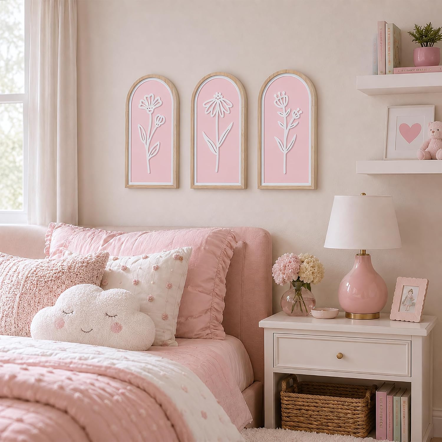 Pink 3D Wooden Floral Wall Art Set of 3, Arched Boho Girls Room Wall Decor | Pink arched panels with raised white floral cutouts in wood frames; ready to hang in bedrooms, teen rooms, dorms or hallways