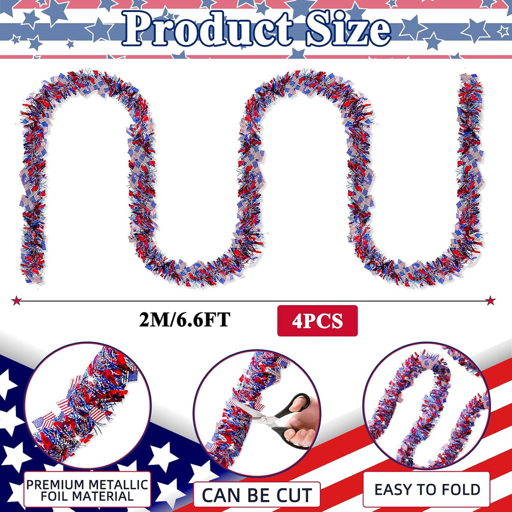 4 Pack 26.4 ft Red White Blue Patriotic Tinsel Garland with American Flags, Metallic Foil Fringe Banner Streamers for 4th of July, Memorial Day, Veterans Day, Independence Day, and Parade Decorations