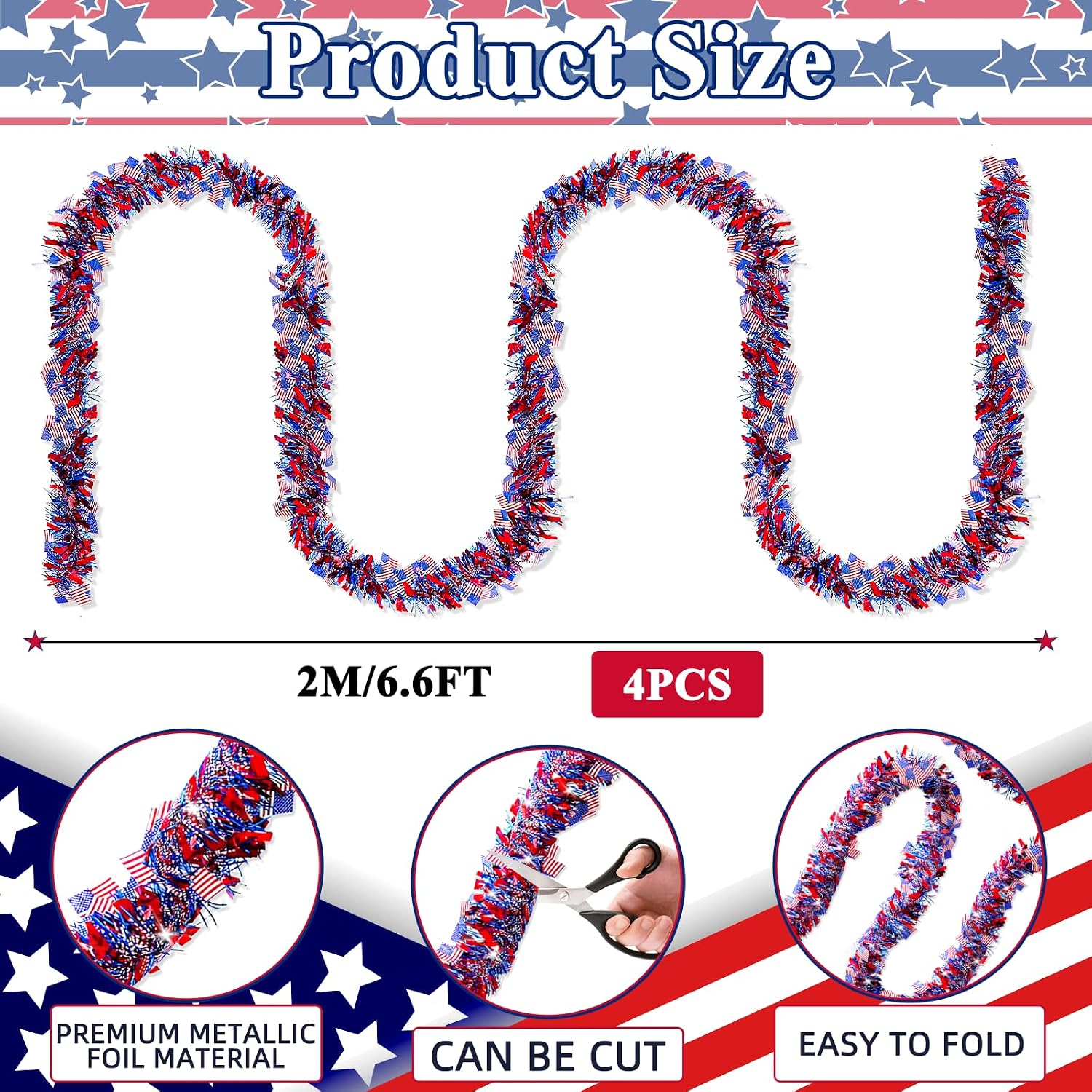 4 Pack 26.4 ft Red White Blue Patriotic Tinsel Garland with American Flags, Metallic Foil Fringe Banner Streamers for 4th of July, Memorial Day, Veterans Day, Independence Day, and Parade Decorations
