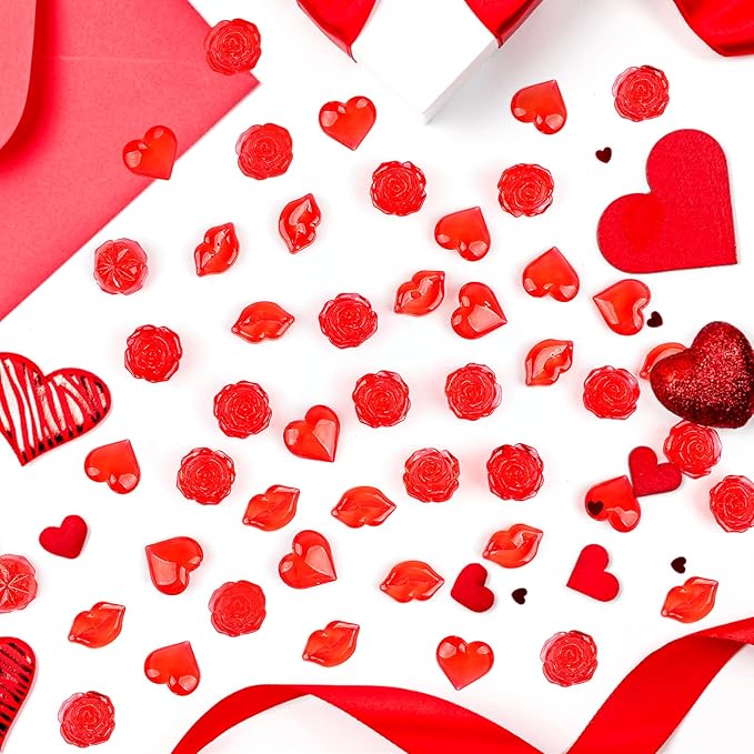 Fangoo 180PCS Red Acrylic Heart Ornaments Mini Acrylic Heart Rose Flower Lips Gems for Valentine Vase Filler Decor for Table Scatter Engagement Valentine's Day Wedding Anniversary Party（Red 12oz）