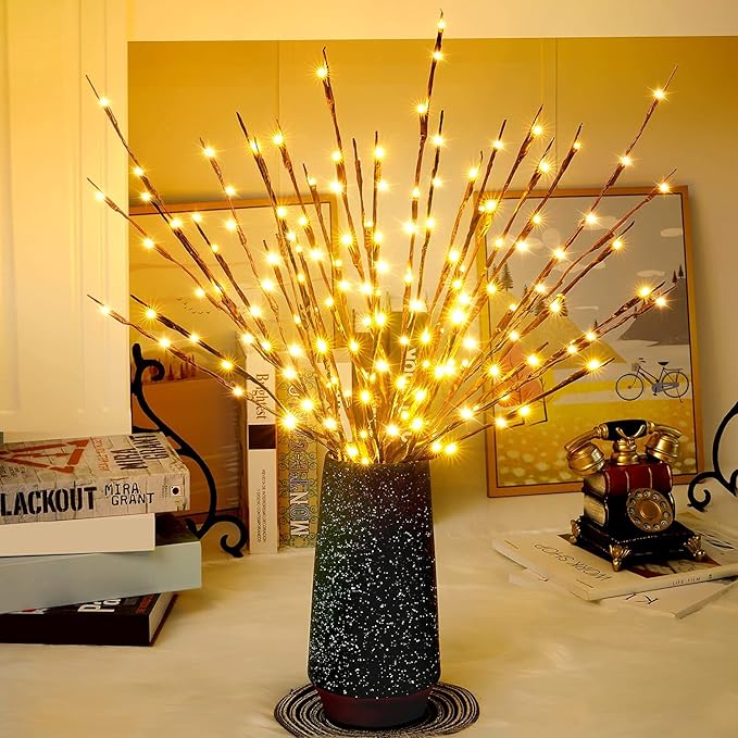 Lights Twig - 60 LED Waterproof & Battery Operated Branch Lights for Vases, Magical Light Up Twigs for Create Christmas Ambience and Lighting Up Dark (3 Pack, Warm Yellow)