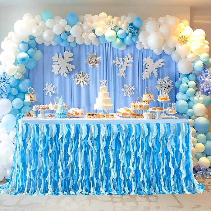 Partisky Ocean Blue Tulle Tutu Ruffle Curly Willow Table Skirt for Rectangle Table 14ft,Under The Sea Baby Shark Themed Table Cloth for Boys Girls Birthday Party or Baby Shower