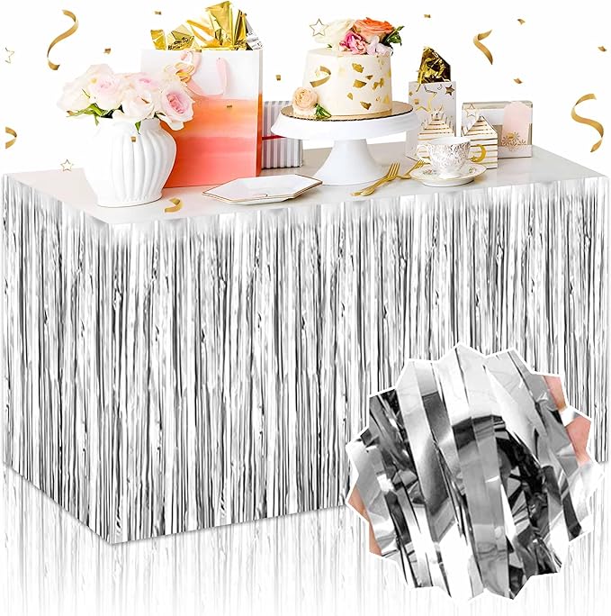 3 Pack 29 x108 Inch Silver Foil Fringe Table Skirts Metallic Banner for Tinsel Streamer Garland Backdrop for Parade Floats Mother's Day, Graduate, Birthday, Wedding Party Decoration