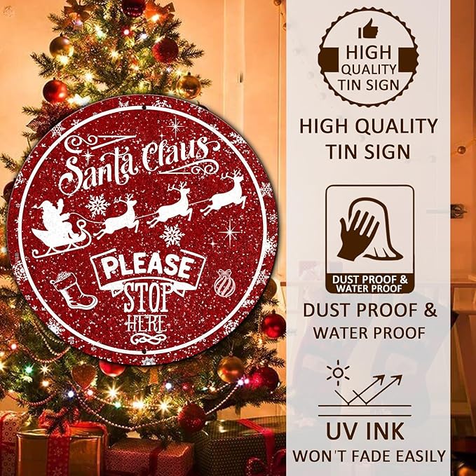 Round Metal Tin Sign - Santa Sleigh Reindeer Vintage Sign - Santa Claus Please Stop Here Sign for Christmas Living Room Bedroom Coffee Bar - 12 * 12 in