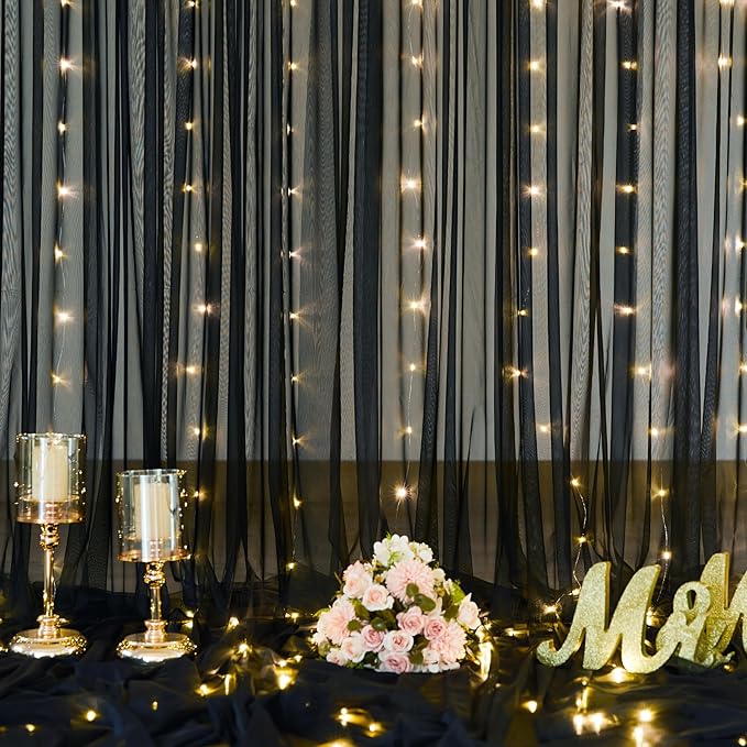 10ft x 10ft Black Tulle Photo Backdrop Curtain with Lights String for Parties Sheer Black Curtain Backdrop for Birthday Party Baby Shower Wedding Photo Booth Photography Background Decorations