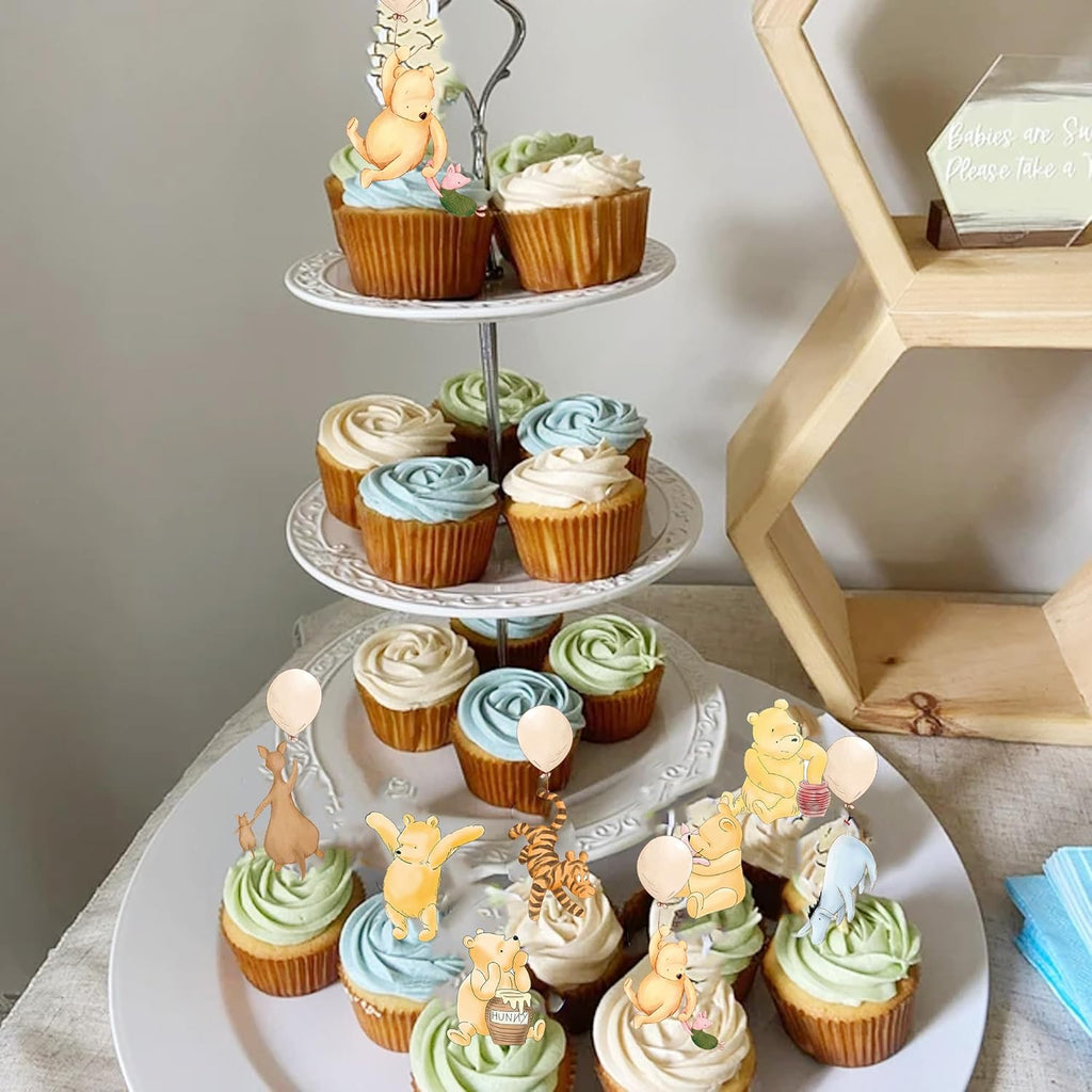 48 Pcs Winnie Cupcake Toppers Classic Pooh Baby Shower Decorations Cute Cake Decorations Oh Baby Newborn Party Favors Boys and Girls First Birthday Supplies