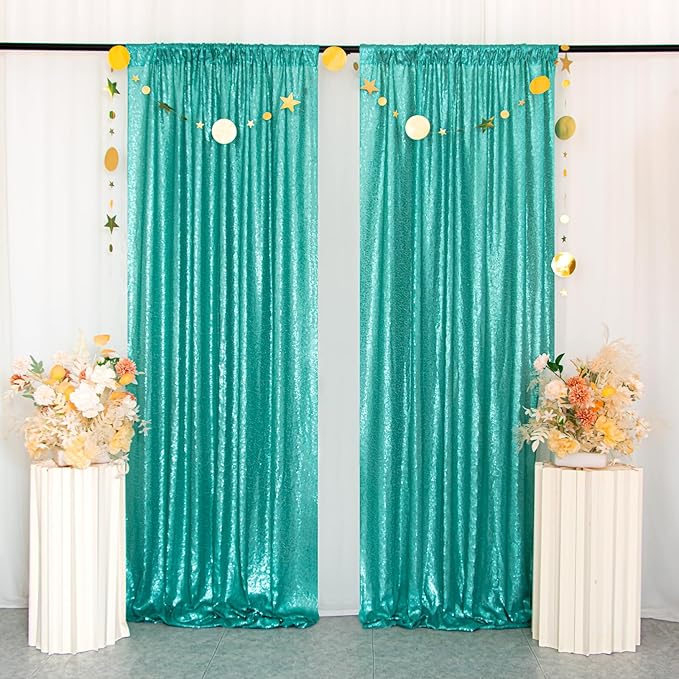 ShinyBeauty Sequin Backdrop Curtains 4 Panels Teal 2FTx8FT Sequin Fabric Photo Backdrop Curtains Teal Glitter Curtains for Party Baby Shower Backdrop Backgrounds