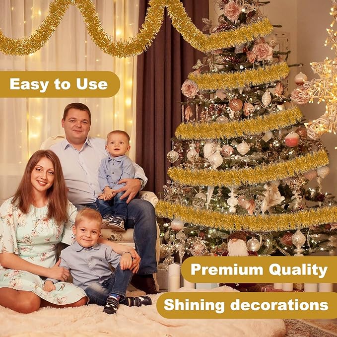 50 Feet Champagne Gold Christmas Tinsel Garland, Metallic Foil Twist Banner Wall Hanging Tinsel Streamers Backdrop for Parade Floats, Christmas, Mother's Day, Birthday Party Decorations(2in x 50ft)