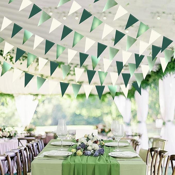 Sage Green Decorations Hanging Paper Pennant Banner Flag Green Beige Triangle Bunting Garland for Birthday Baby Shower Wedding Engagement Neutral Safari Wild One Woodland Jungle Theme Party Supplies
