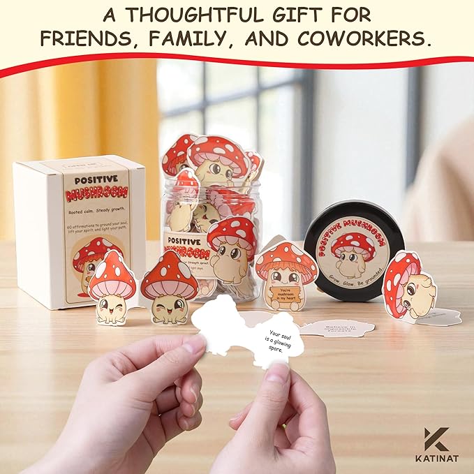 Mushroom Gifts for Women - 60 Positive Mushroom Cards Jar, Daily Affirmation Cards For Womens, Girls - Emotional Support Mushroom - Birthday Gift for Women, Coworkers, Besties - Teen Girl Gifts Trendy