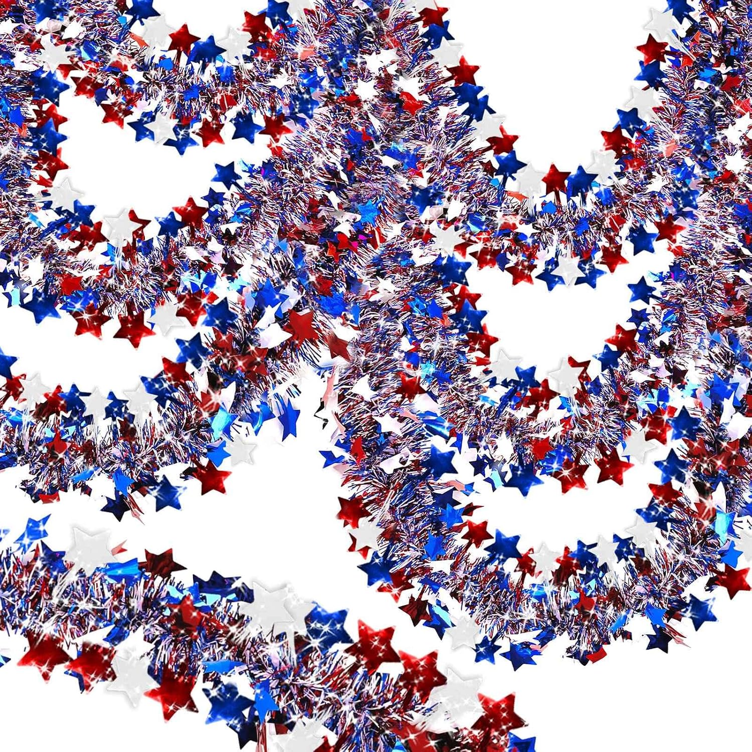 2 Pack Total 66 FT 4th of July Garland Decorations, Red White and Blue Garland Patriotic Tinsel Garlands USA 250th Anniversary Independence Day Memorial Day Decor for Car Golf Cart Parade Float Bike