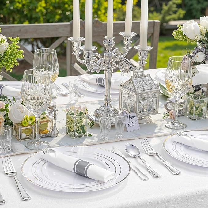 WDF 180 Pieces Silver Plastic Silverware - Silver Plastic Cutlery - Fancy Plastic Silverware Heavy Duty - 60 Forks 60 Knives 60 Spoons - Disposable Plastic Utensils Perfect for Party/Wedding/Christmas