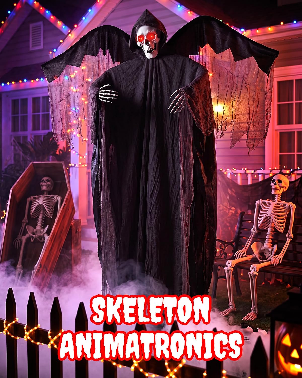 74'' Sound Activated Animatronics Skeleton, Outdoor Halloween Skeleto...