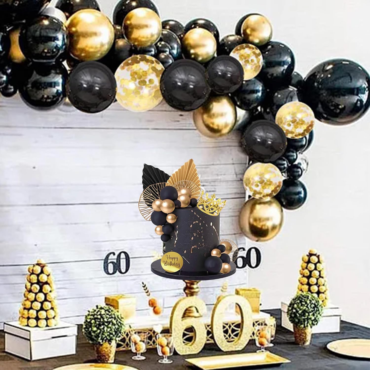 Balls Cake Toppers Crown Tiara Cake Topper Happy Birthday Cake Decorations for Birthday Boho Wedding Baby Shower Party Decorations (Black Gold)