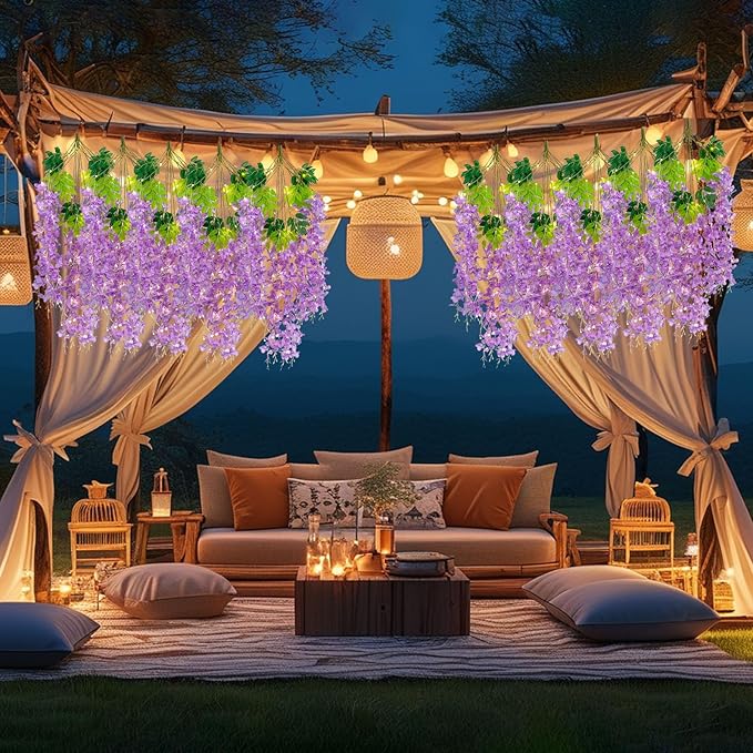 12 Pack Light Purple Wisteria Hanging Flowers Garland with Lights, 3.44 Feet Artificial Flower Vines, Fake Wisteria, Artificial Vines Hanging Garland for Backdrop Outdoor Patio Garden Decor