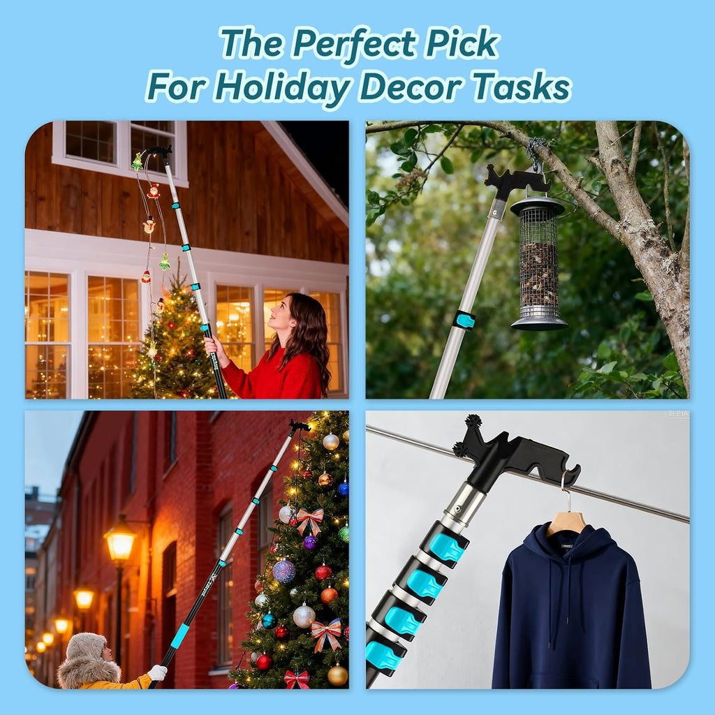 4.3–18 FT 5-Stage Telescopic Christmas Light Pole with Hook | Lightweight & Sturdy Extension Pole for Hanging String Lights, Holiday Lights, Birdfeeders | Ladderless High Reach Installation Tool