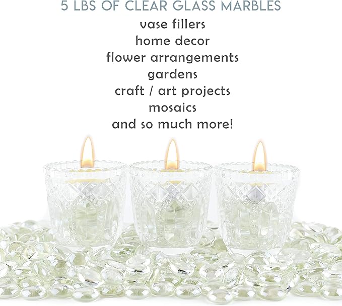 Galashield Flat Glass Marbles for Vases Clear Glass Gems Beads Pebbles Vase Filler (5 LBS, Approx. 540 PCS)