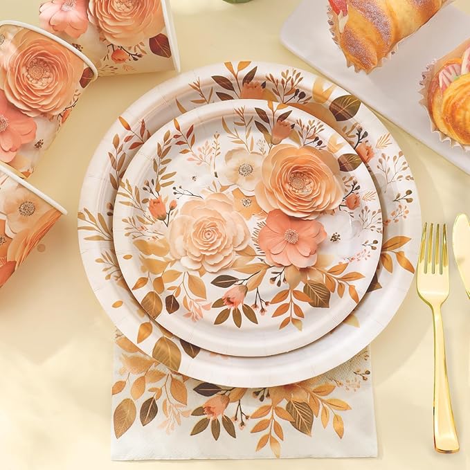 175PCS Floral Plates and Napkins Sets, Floral Party Supplies Plates, Cups, Spoons, Fork, Napkins - For Women Birthday Party Decorations