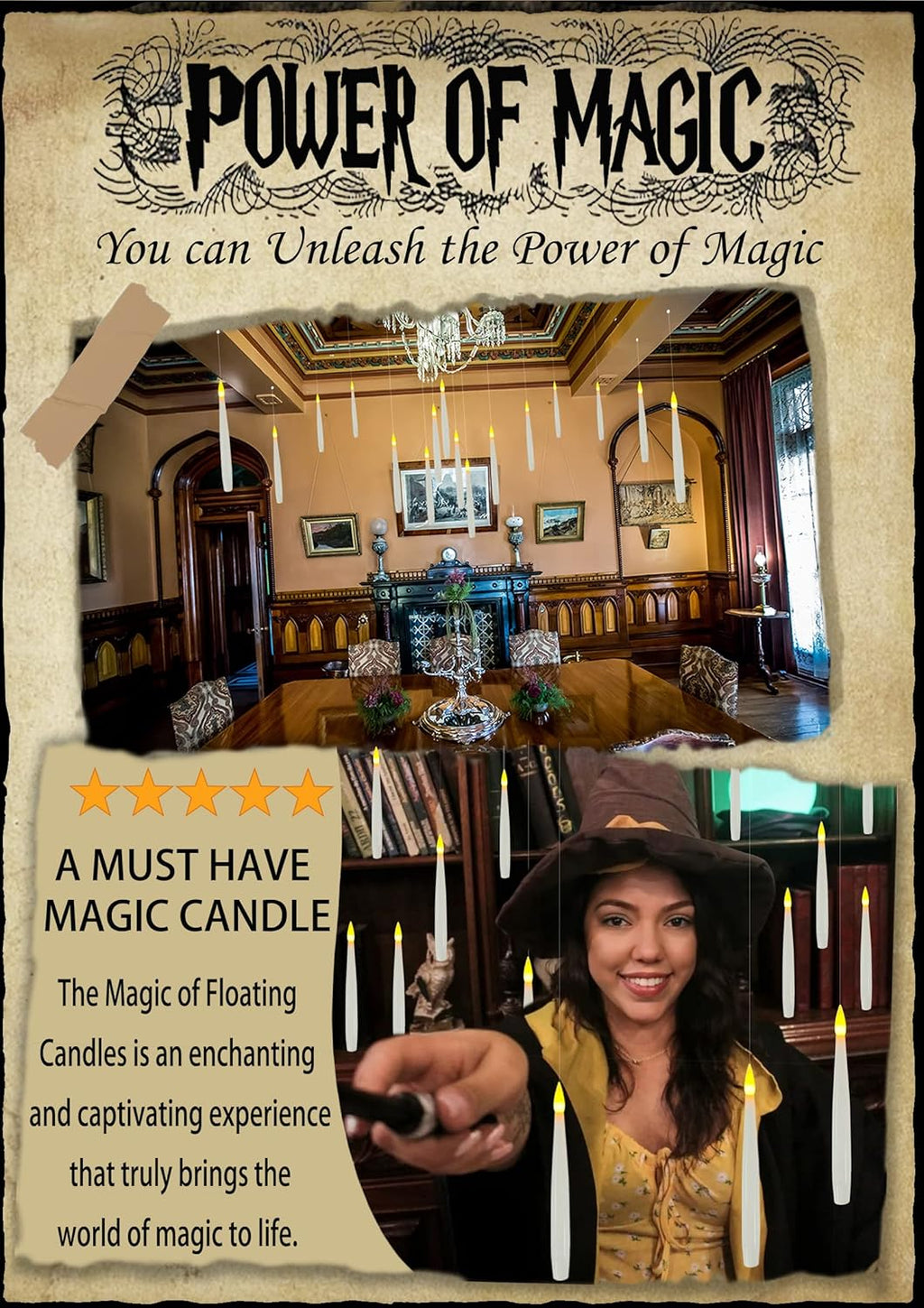 Halloween Decoration Floating Candle with Wand Magic LED Flickering-20PCs | Warm Light Flameless Battery Operated Taper Hanging Candles Set for Birthday Theme Party Gift Classroom Christmas Decor