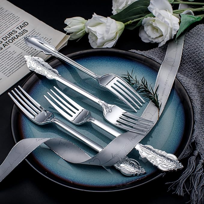 WDF 100 Piece Silver Forks Disposable - 7.48 Inch Silver Plastic Forks - Baroque Silverware for Dessert Cake - Heavy Duty Plastic Fork for Christmas Party, Wedding or Daily Using
