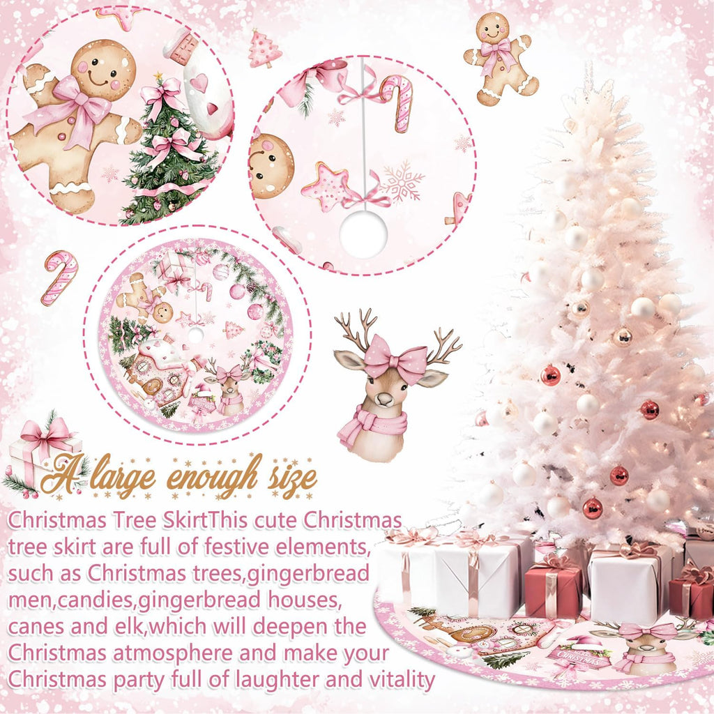 Pink Christmas Tree Skirt Christmas Decorations,48 Inches Pink Gingerbread Man Tree Skirt for Xmas Party Decorations,Vintage Xmas Party Decor for Home Indoor Outdoor