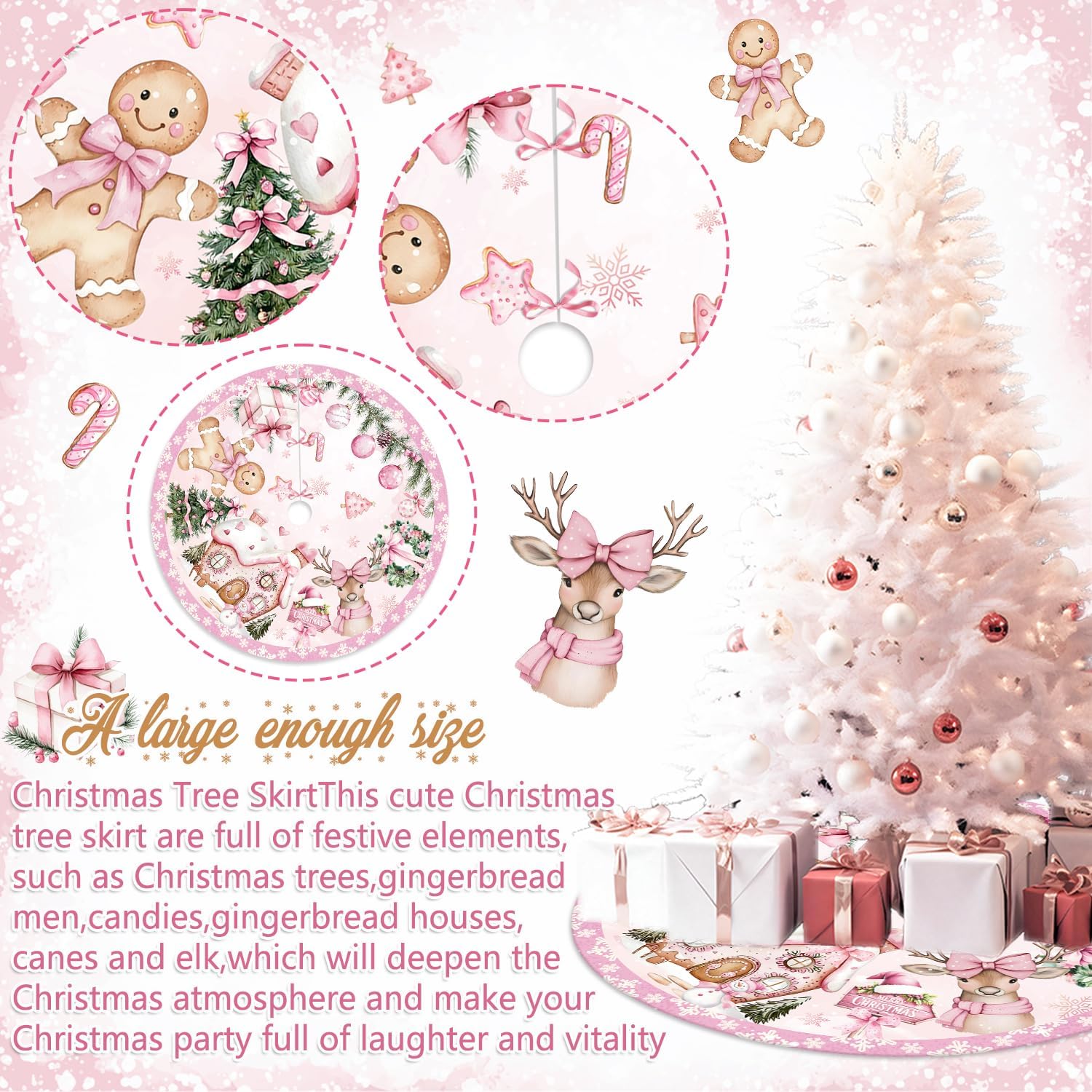 Pink Christmas Tree Skirt Christmas Decorations,48 Inches Pink Gingerbread Man Tree Skirt for Xmas Party Decorations,Vintage Xmas Party Decor for Home Indoor Outdoor