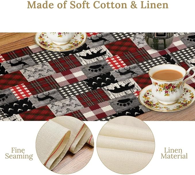 Rustic Farm Table Runner,Vintage Woodland Deer Bear Animal Buffalo Plaid Print Tablecloth Burlap for Hotel Indoors Outdoor Dining Room Kitchen Home Decor,W13X L36 in