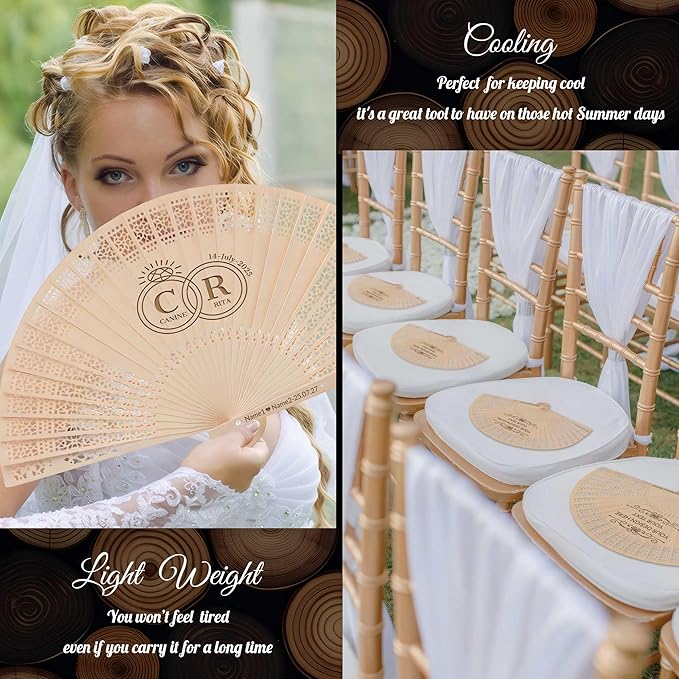 50 PCS Custom Fans Personalized Folding Fans for Line Dancing Wooden Hand Fan Wedding Favors Bulk Fans for Guests Party Event Use (Style11)