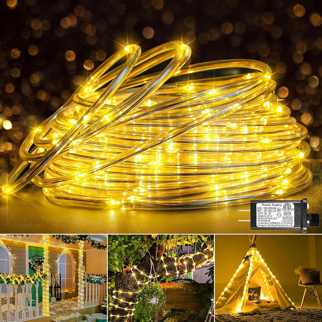 66FT 200 LED Rope Lights for Outside, Warm White Christmas Lights Outdoor | Plug in Connectable Flexible Tube Lights Indoor for House Bedroom Patio Pool Landscape Camping Party Decorations