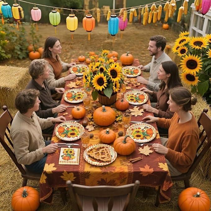 Sunflower Plates and Napkins Set for 50 Guests – Disposable Fall Party Supplies, Pumpkin Design for Sunflower Thanksgiving Party Decoration