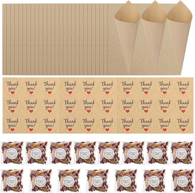 PATIKIL Dried Flower Confetti Cones, 30Pcs Paper Tapers Cone Holder with Dried Rose Petals / Sticker for Wedding Party Engagement Birthday DIY Decoration, Purple