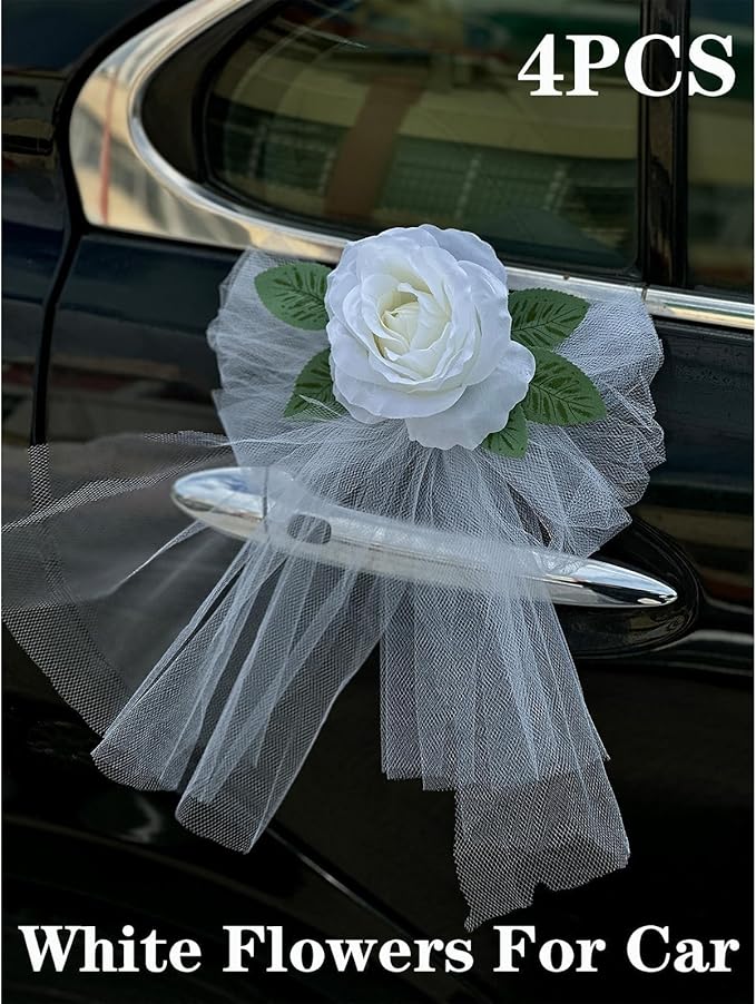 Elegant White Rose Wedding Car Door Handle Decoration – 12cm Artificial Flower with Leaf, White Tulle Bow & Suction Cup Attachment – Set of 4 for Bridal Vehicle Décor