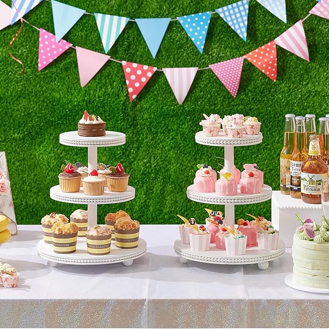 3 Tier Cupcake Stand Round,Wood Cupcake Stand with Beads,Tiered Cake Stand for 24 Cupcakes,Dessert Display Stand,Cupcake Tower for Party, Wedding, Birthday, Home Decor