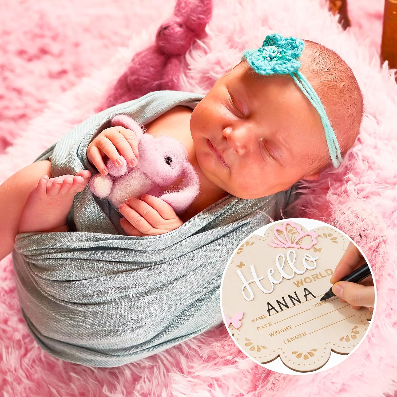 Nogeqi Hello World Newborn Sign, 6 Inch Pink Butterfly Baby Name Announcement Sign, Birth Announcement Signs, Wooden Baby Welcome Signs for Newborn Photo Props Babies Shower Hospital Nursery