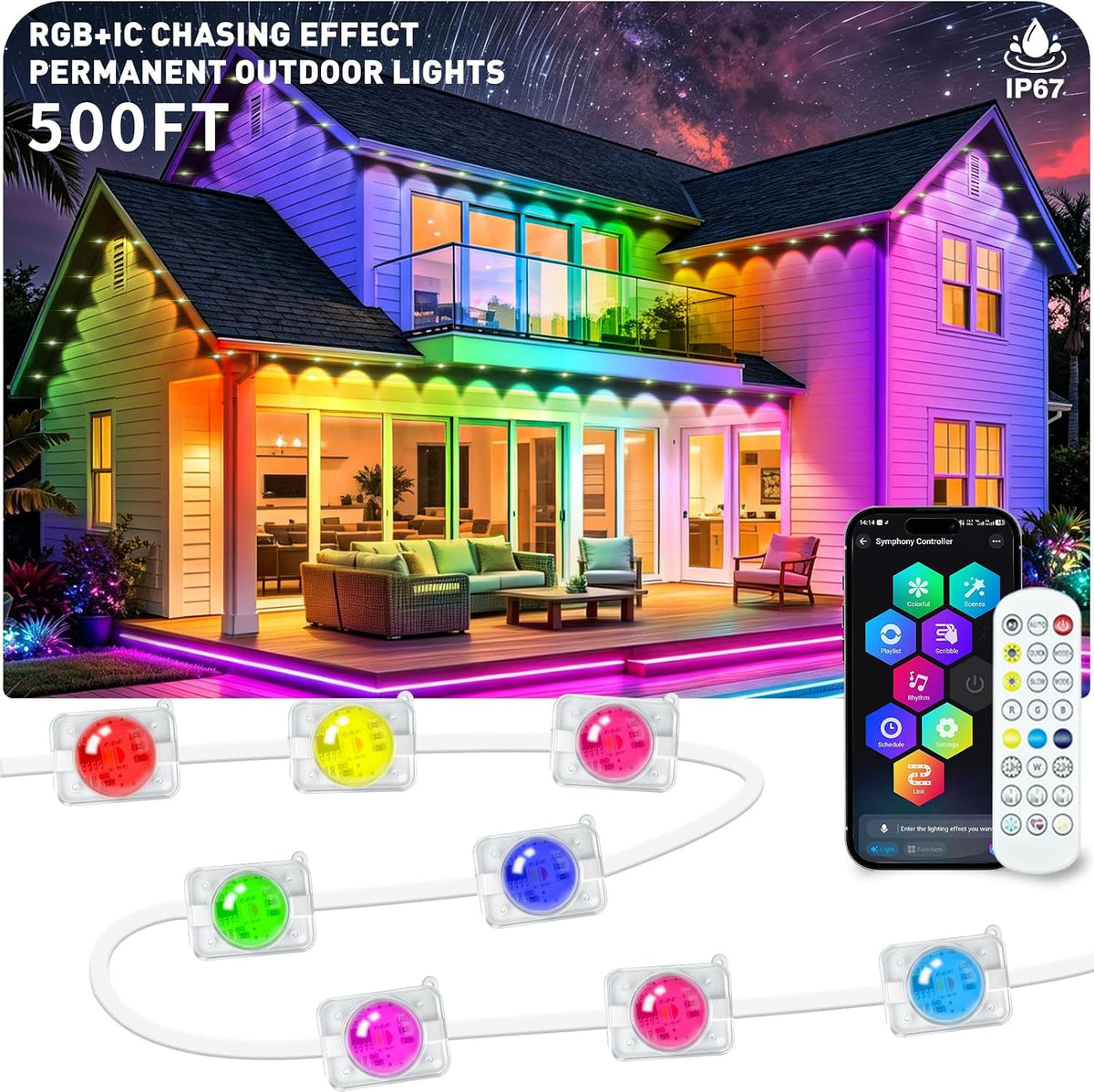 500FT Permanent Outdoor Lights RGB+IC, IP67 Waterproof Lighting, Outdoor Ligh...