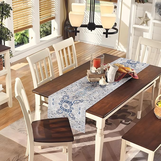 Snycler Table Runner Boho Table Runners Vintage Elegant Farmhouse Table Center Linen Decor for Home Dining Party Entrance (13x72 Inch) Boho-White
