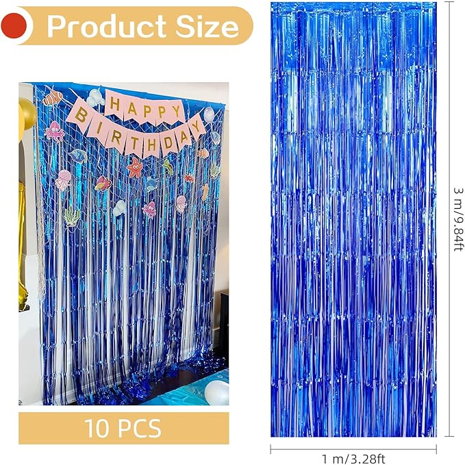 10 Pack Navy Foil Curtain Backdrop 3.2ft x 9.8ft Black Metallic Tinsel Foil Fringe Curtains Streamer Photo Booth Backdrop for Birthday Party Engagement Bachelorette Party Decorations (Navy)