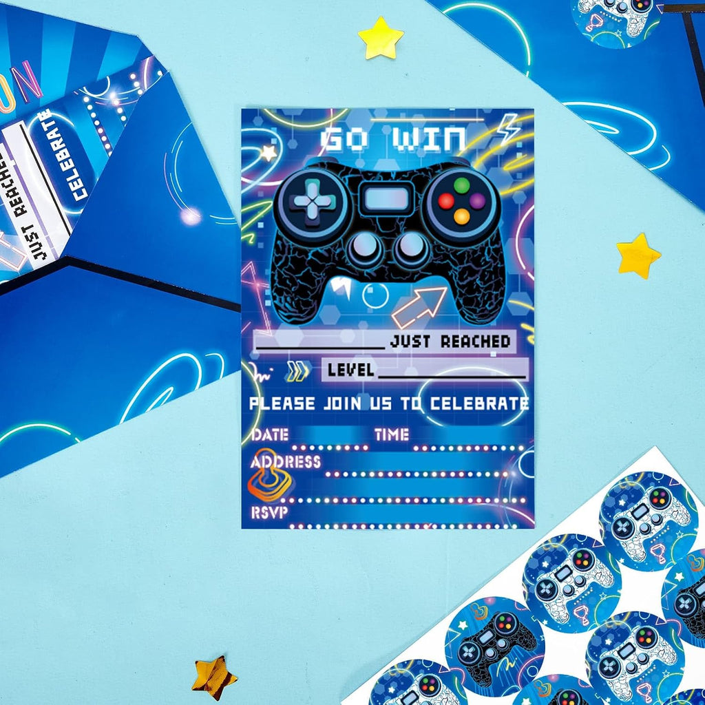 WERNNSAI Video Game Party Invitation - 24 Set Fill-in Blue Gaming Birthday Invitation Cards with Envelopes Sticker for Boys Kids Double-Sided Printed Game On Invitations for Celebration Party Supplies