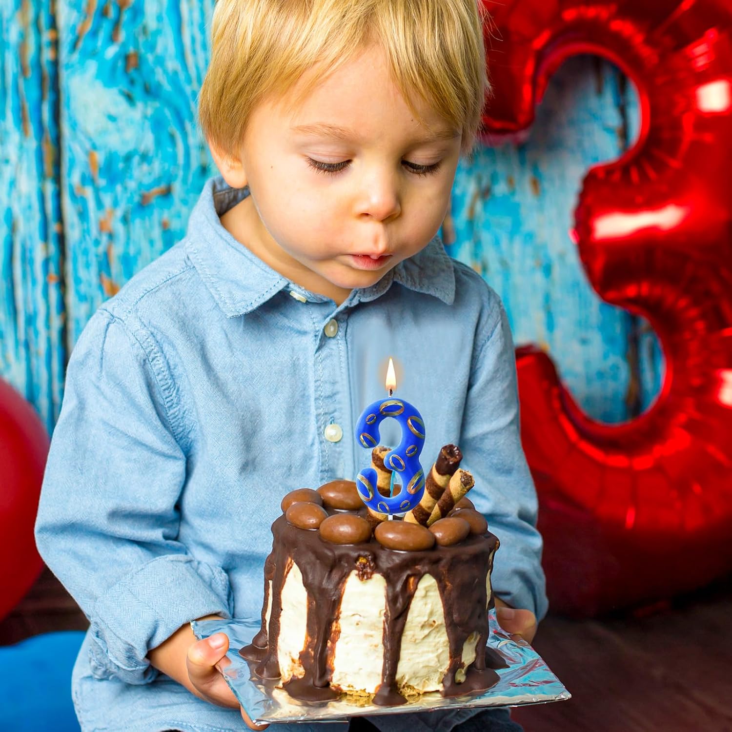 Conelist Number 3 Birthday Cake Candles Blue and Golden Rings Number Candle with Vibrant Designs for Boys & Girls, Theme Birthday Decorations, Cake Toppers for Theme Parties