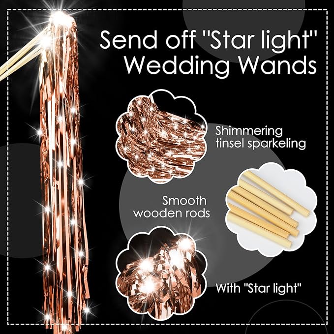 100 Pcs Lighted Wedding Wands LED Tinsel Wands Light up Streamers Sparklers for Wedding Send Off and Exits Birthday Party Props Favors(Rose Gold)