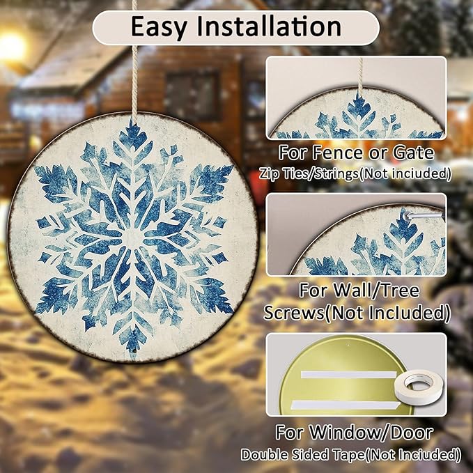 Round Christmas Metal Tin Sign Vintage Snowflake Signs Winter Christmas Sign Retro Wall Decor Tin Sign Funny Decorations for Home Cafes Office Store Pubs Tin Sign 12 * 12 in