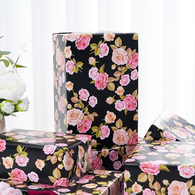 Ulmasinn Floral Wrapping Paper Roll - 17 Inches x 33 Feet - Vintage Romantic Pink Rose Flower Gift Wrap with Cut Lines for Wedding, Birthday, Bridal Shower, Mother’s Day